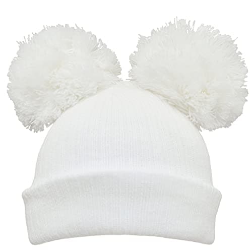Image of Faith & Sarah Kids Baby Double Pom Pom Hat Boy Girl - Fleece Lined Beanie Cap - Knitted Baby Bobble Hats White Newborn