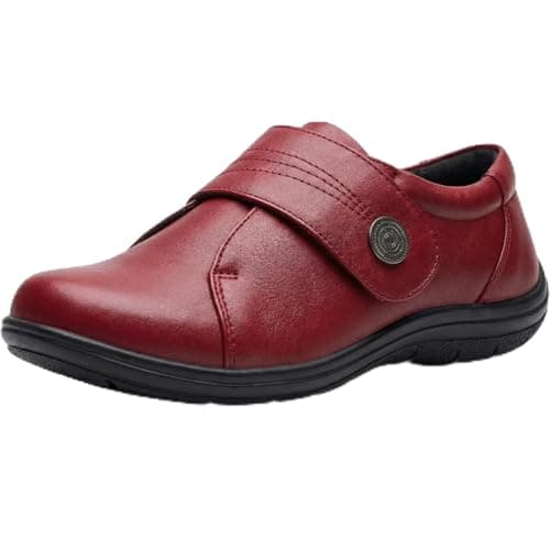 Image of Womens Wide Fit Leather Shoes Touch Fastening Orthopaedic Comfort Loafers Ladies Cushioned Walking Shoes Adjustable Strap Casual Work Diabetic Footwear Burgundy 3
