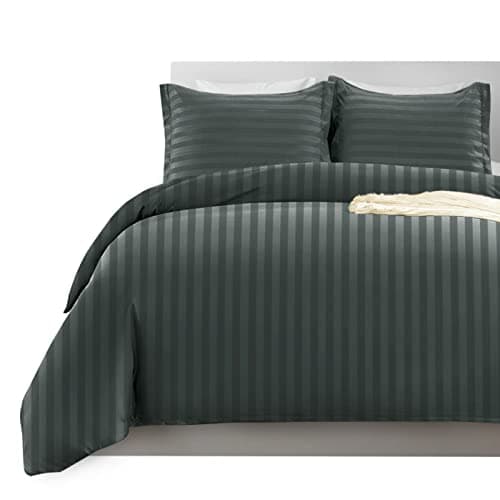 Image of Imperial Rooms Double Duvet Set Reversible Stripes Satin Bedding Set with Pillowcases Breathable Microfiber Duvet Cover (Charcoal 200x200 Cm)