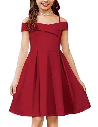 Image of Arshiner Girls Dress Spaghetti Strap Kids Sleeveless Dresses Festive Off Shoulder Dress Summer Elegant Party Dresses for Girls 11-12 Years Dark red