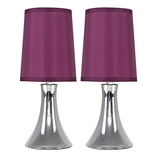 Image of MiniSun | Small Modern Chrome Trumpet Touch Table Lamps with Purple Fabric Shades | Table Lamps, Home Décor & Improvement Essential | Set of 2