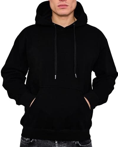 Image of LABEL APPAREL Mens Pullover Hoodie 300GSM Sweatshirt Plain Hoody Work Hooded Jumper Ribbed Cuff Long Sleeve Pull Over Heavy Blended Top Premium Adult Unisex, Black, L