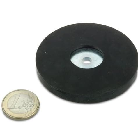 Image of Neodymium magnet system Ø 66 mm black rubber-coated with counterbore hole - holds 25 kg - Anti-slip rubber jacket