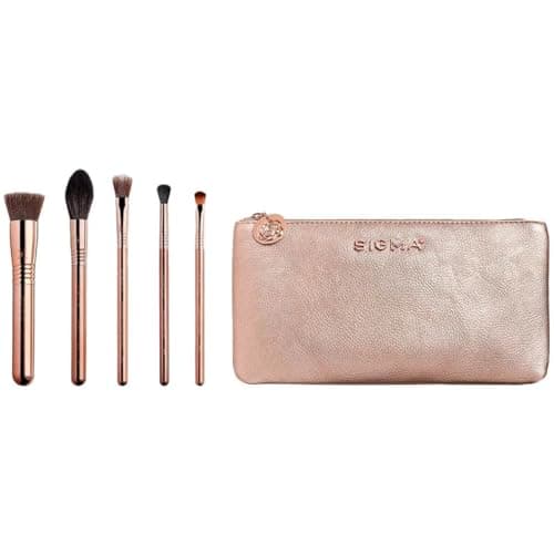 Image of Sigma Beauty Iconic Rose Gold Brush Set, Set of 5 Makeup Brushes and Makeup Bag - Travel Size Makeup Brush Set - 2 Classic Eyeshadow Brushes, 2 Face Brushes, 1 Highlighter Brush