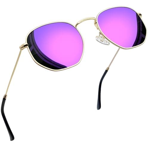 Image of Joopin Hexagon Polarised Sunglasses Womens UV Protection, Cute Thin Gold Frame Square Sun Glasses, Reflective Mirrored Purple Mens Shades(Purple Mirrored)