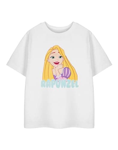 Image of Disney Princess Girls White Short Sleeve Graphic Tee | Rapunzel Short Sleeved T-Shirt | Kids Princess Apparel | Fairy Tale Character Top | Magical Merchandise Gift for Children & Teens