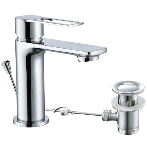 Image of Basin Taps with Pop Up Waste, Modern Basin Mixer Tap Bathroom Sink Taps Mono Single Lever Bathroom Tap with Drain and Hot and Cold Supply Hoses