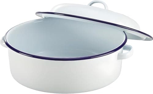 Image of VG® Round Vitreous Enamel Roaster with Lid Oven Safe 29cm approx Diameter Oven To Table use White with Blue Rim,Self-Basting Ideal Traditional Roasts Cook Hearty Family Meals Casserole Stew