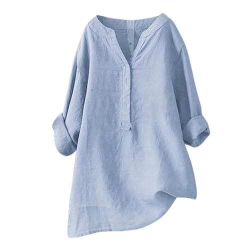 Image of Tunic Tops for Leggings Linen Tops for Women UK Summer Button Down Blouses Ladies Tee Shirts Plus Size Casual V Neck Loose T-Shirt Tunic Top Oversized Light Blue