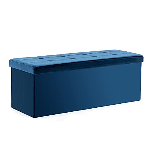 Image of HNNHOME Ottoman Storage Box, Foldable Footstool with Lid and 151L Capacity, Velvet Blanket Box Chest Ideal for Bedroom Bench, Living Room, 110x40x40 cm(Extra-Large, Navy)