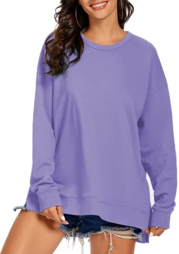 Image of APEIYU Women Crew Neck High Low Long Sleeve Sweatshirts Loose Fit Solid Color Side Split Knit Pullovers Tops Purple XXL