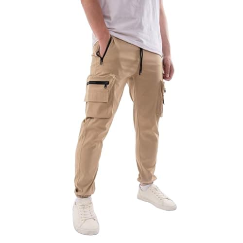 Image of Soul Star Men's Cargo Combat Pants - Lightweight Trousers with Multiple Pockets for Work and Casual Use, Dark Stone Colour, Size- L