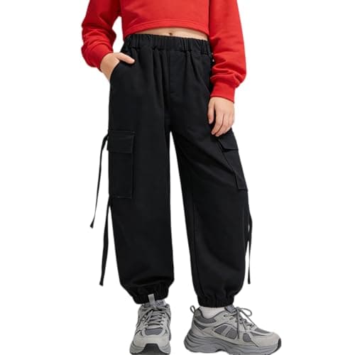 Image of Rolanko Girls Hip Hop Trousers Kids Cargo Pants Elasticated Jogger for Streetwear Dance(Black,tag Size 160)