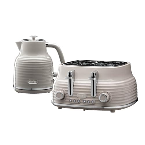 Image of Daewoo Sienna Kettle and Toaster Set, 1.7L 3KW Rapid Boil Kettle & 4 Slice Wide Slot Toaster, Defrost, Reheat, Browning Control, Stylish Taupe Breakfast Bundle