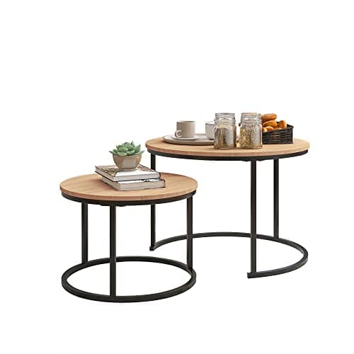 Image of Round Nesting Coffee Table Set of 2 for Living Room, End Side Table with Metal Frame, Sofa Tea Table for Small Space, Black and OAKDK, 69.5 x 49 cm and 49.5 x 35.5 cm (Dia. X H)