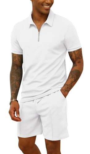 Image of Men's Tracksuit Polo Shirt & Shorts 2 Pieces Casual Summer Outfits Suit Lapel Activewear Fashion Short Sleeve Sweatsuits Set White M
