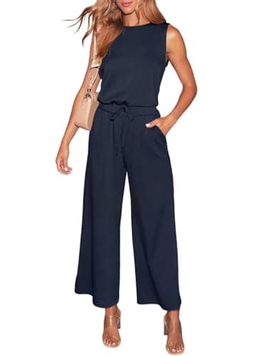 Image of LACOZY Womens Jumpsuit Deep Crewneck Sleeveless Overall Smocked Waist Belted Wide Leg Summer Elegant Long Playsuit with Pockets Blue M