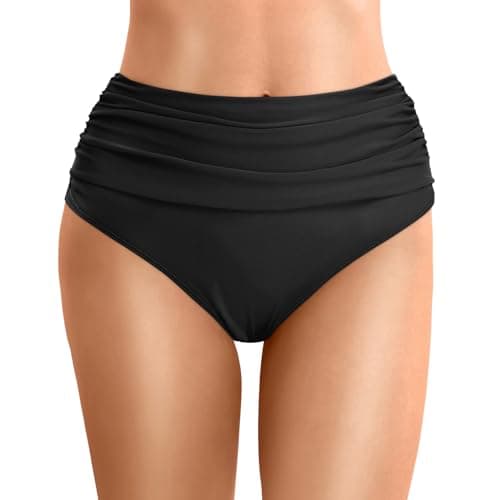 Image of Women's Bikini Bottoms High Waisted Bikini Panties Retro Tummy Control Swim Shorts Swimming Briefs Swimwear Bottoms Solid Ruched Twist Front Tummy Control Bikini Bottoms Swim Briefs Thong Beach Pants