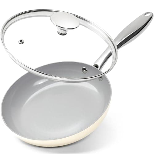 Image of MICHELANGELO 20cm Ceramic Frying Pan, Non Stick Fry Pan with Lid, Small Skillet Nonstick, Non Toxic Frying Pan, Ceramic-Coated, Beige
