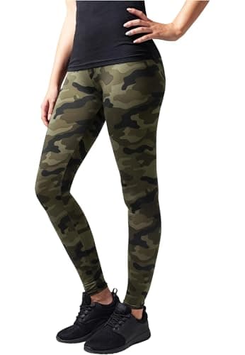 Image of Urban Classics Women's Camouflage Leggings, Comfortable Sport Pants, Stretchy Workout Trousers with Green Military Print, Regular Skinny Fit, Size: Large Wood camo, L