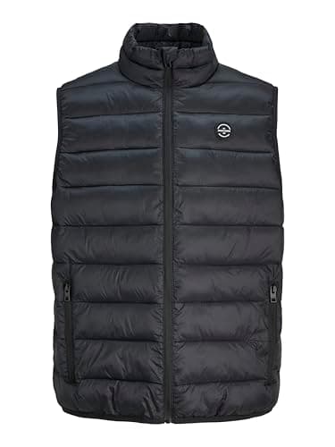 Image of JACK & JONES Mens Puffer Gilet Sleeveless High Neck Outdoor Jackets for Men, Black Colour, UK Sizes- XL