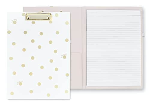Image of Kate Spade New York A4 Clipboard Folio with Low Profile Clip, Professional Padfolio Includes Lined Notepad, Pen Loop, and Pocket, Gold Dot with Script