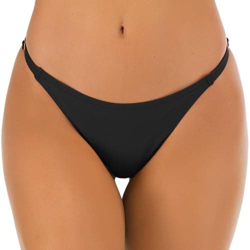 Image of Deriwone Womens Thong Bikini Bottoms Adjustable Brazilian Swim Briefs Classic Swimsuit Bottom Beachwear L,Black
