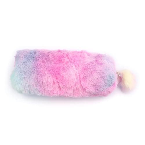 Image of 1 PCS Plush Rainbow Pencil Case for Girls - Fluffy, Cute, and Colorful Pencil Holders and Makeup Pouches with Large Capacity