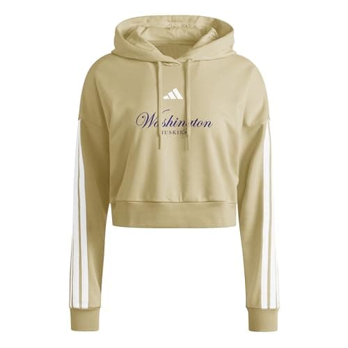 Image of adidas Women's NCAA 25/26 Essentials 3-Stripes French Terry Cropped Hoodie Hooded Sweatshirt, Team Sand/White/University of Washington, XS