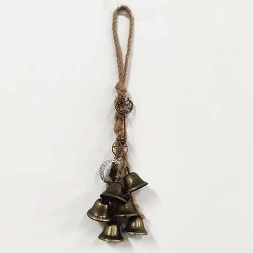 Image of Antique Brass Wind Chimes Set With 6 Bells Decorative Charms - Rustic Hanging Garden Bell For Porch Window Door Patio Balcony Decoration Natural Jute Rope Outdoor Decor Gift (Natural)