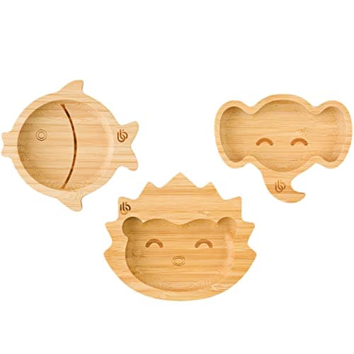 Image of bamboo bamboo ® Baby Plate– Kids and Toddler Bamboo Plate for Babies | Non-Toxic | Cool to the Touch | Ideal for Baby-Led Weaning (Trio of Mini Fish, Hedgehog, Elephant Plates)