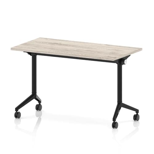 Image of Mr Office Impulse Plus, Slimline Flip Top Rectangular Table, Black legs - 600mm deep, Grey oak