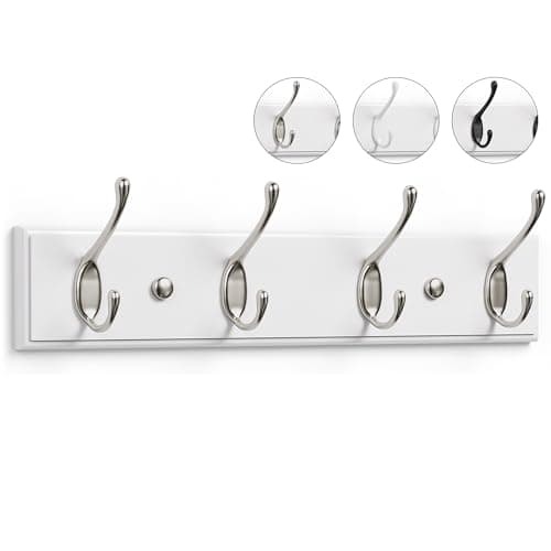 Image of LARHN White Coat Hooks Wall Mounted Coat Rack - 4 Matt-Nickel Wall Hooks - 42 cm - All Fixings Included for Quick & Easy Installation