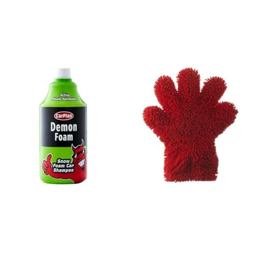 Image of CarPlan Demon Snow Foam Shampoo, 1 Litre (Pack of 1) + CarPlan Demon 2 in 1 Noodle Wash Mitt - Super Absorbent Microfibre Wash Mitt