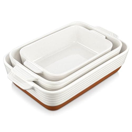 Image of MALACASA Casserole Dishes for Oven, Ceramic Baking Dishes Set of 3, 1.45/2.7/3.8L Rectangular Baking Pan Set, Deep Lasagna Pan with Handles, Khaki White (14.5"/13"/10.5"), Series TARA