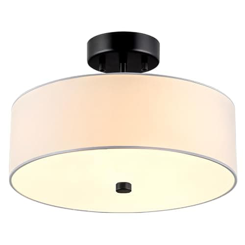 Image of Ludil 3-Light Modern Black Drum Semi Flush Mount Ceiling Light, 13" with White Fabric Shade, 800 Lumen, 60W, Warm White LED, Indoor Use, Multi-purpose Room