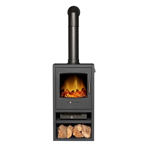 Image of Adam Bergen XL Electric Stove in Charcoal Grey with Tall Angled Stove Pipe in Black