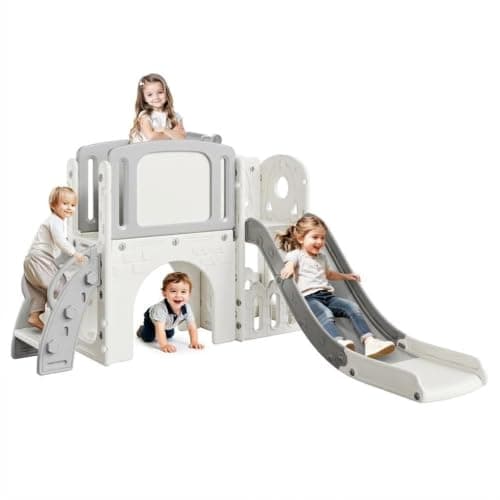 Image of 4-in-1 Kids Slide with Climbing Ladder, Toddler Castle Slide Climbing Frame with Basketball Hoop, Tunnel, Indoor Kids Playground Set with Telescope & Storage Space, Indoor Kids Playground Set - Grey