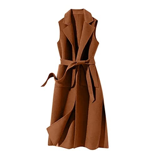 Image of Women's sleeveless long trench coat, belted wool blend waistcoat, elegant winter vest overcoat, formal sleeveless overcoat, ladies' stylish wrap waist sleeveless outerwear