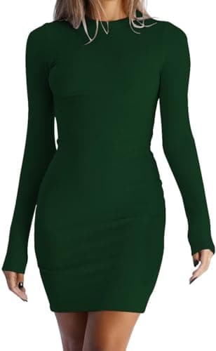 Image of LACOZY Women's Cocktail Dresses Long Sleeve Empire Skater Dress Deep Round Neck Elegant Ribbed Tight Dresses Green S