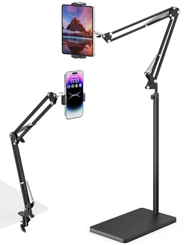 Image of mmcrz Tablet Floor Stand with 11lb Stable Base & Desk Clamp, Adjustable Height Stretchable Arm Swivel Dual Holder, Compatible with iPhone, iPad Pro Air Mini, Galaxy Tab, Kindle, Phones (4.5''-13'')