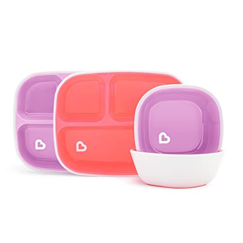 Image of Munchkin Splash 4-Piece Toddler Divided Plates and Bowls Dining Set, Baby Food Set with 2 Baby Plates and 2 Baby Bowls, Set for 6+ Months, BPA-Free, Pink/Purple