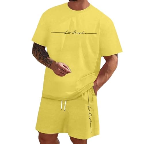 Image of Generisch Men's Jogging Suit, Short 2-Piece Comfortable T-Shirt & Shorts Set, Cotton Mix, Oversized Street Print, Breathable, Sports, Leisure Outfit for Training, Streetwear, Travel, Yellow-2, M