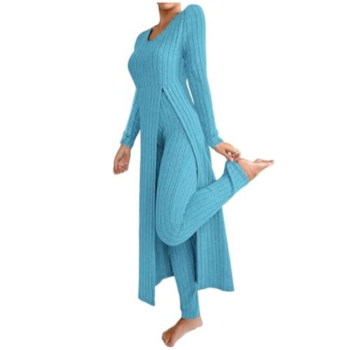 Image of NSICBMNO Blue Co Ord Sets For Women Knitted Lounge Wear Sets Long Jumper Dress Ribbed Leggings Winter Two Piece Outfit Thermal Pyjamas Long Sleeve Knitted Maxi Dress Pj Bottoms Airport Outfits