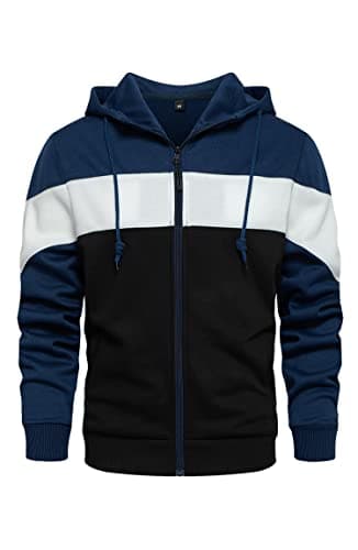 Image of Wirltte Mens Hoodie Zip up Hoodies Color Block Hooded Sweatshirt Long Sleeve Patchwork Tops with Pockets Blue XL