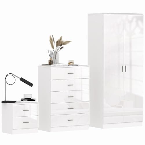 Image of HOMCOM High Gloss 3 Piece Trio Bedroom Furniture Set Wardrobe + Chest Of Drawer + Bedside White