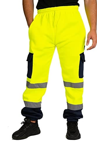 Image of LABEL APPAREL Hi Vis Viz Jogging Bottoms Joggers Workwear Trousers (Large, Yellow/Navy)