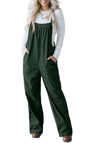 Image of ONLYSTORY Jumpsuits for Women Casual Corduroy Overalls Adjustable Straps Wide Leg Rompers Sleeveless Jumpsuit with Pocket, Dark Green, Large