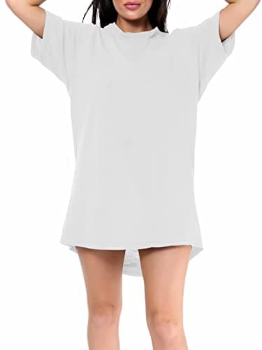 Image of Love My Fashions® Women’s Plain Cotton Night Wear Long T-shirt soft and comfy Nightdress for ladies With Front Pocket Crew Neck Short Sleeves Nightie Sleepwear Top plus White
