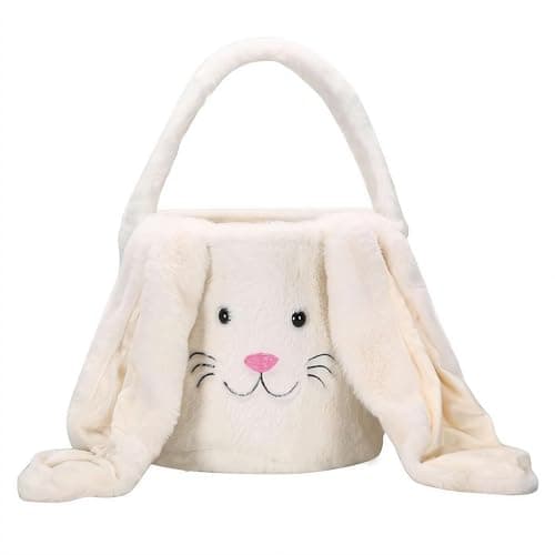 Image of Easter Bunny Basket, 24cm x 20cm Plush Bunny Tote Bag with Long Floppy Ear, Soft Fabric Easter Basket for Kids Girls Toddler, Cute Rabbit Candy Gift Storage Bag for Egg Hunt Decorations (white)